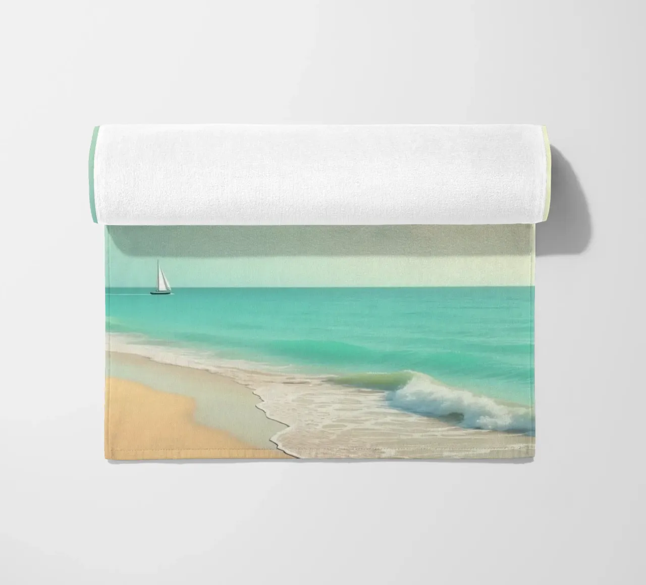 Spiaggia tropicale con palme e barca a vela su un oceano tranquillo telo mare da DesignDoodle