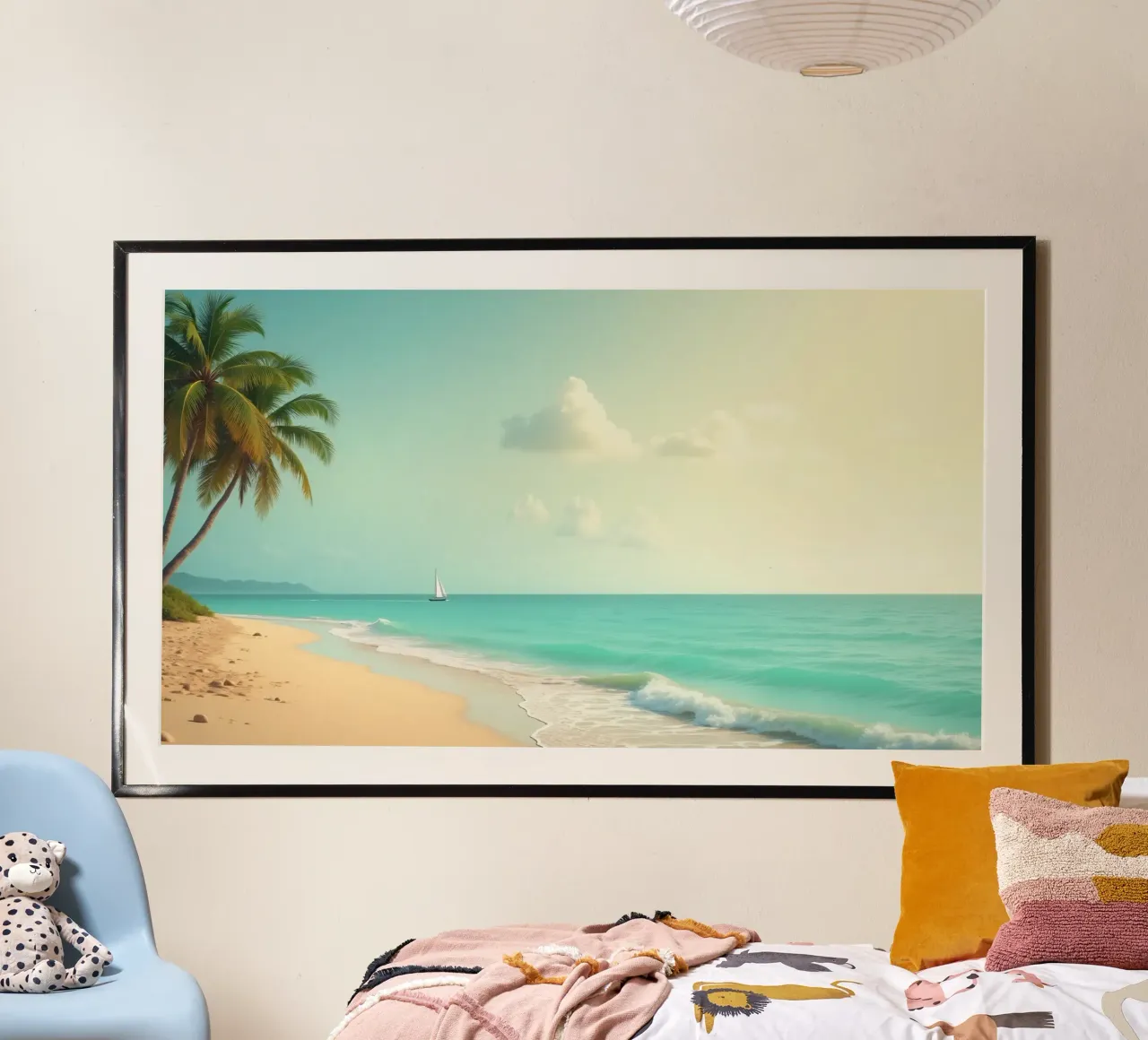 Spiaggia tropicale con palme e barca a vela su un oceano tranquillo carta hahnemühle da DesignDoodle