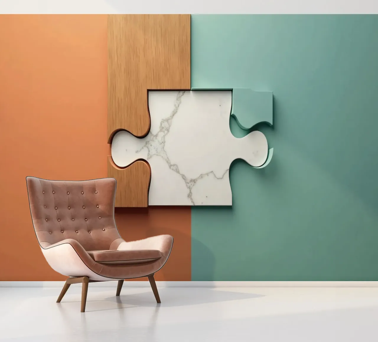 Puzzle piece with wood and marble textures on contrasting photo wallpaper by DesignDoodle