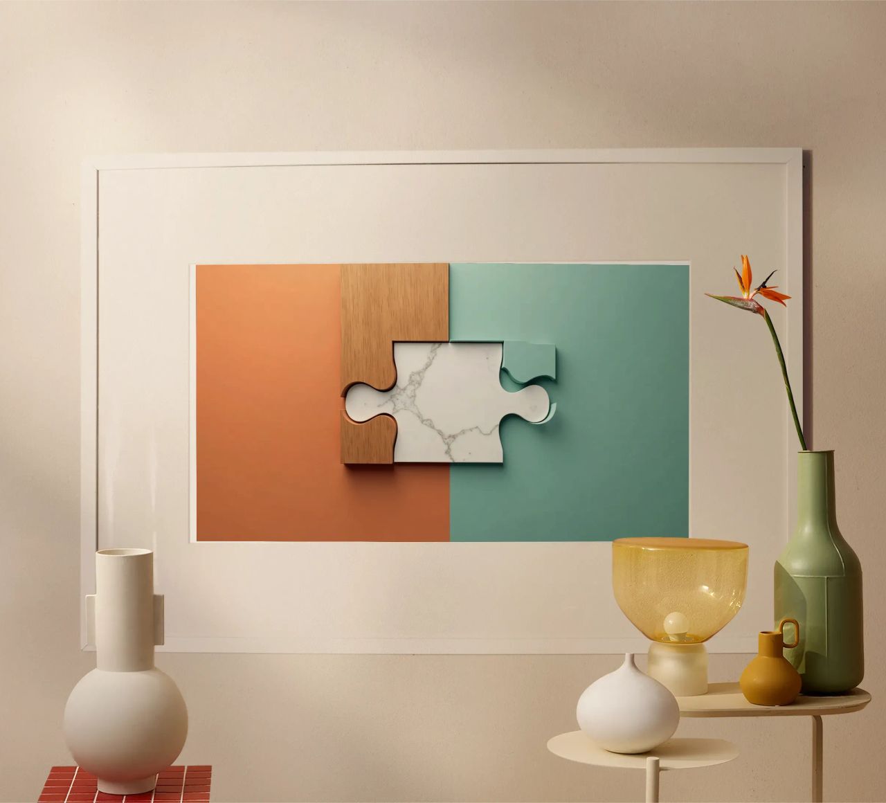 Puzzleteil mit Holz- und Marmortexturen auf kontrastierenden Poster von DesignDoodle