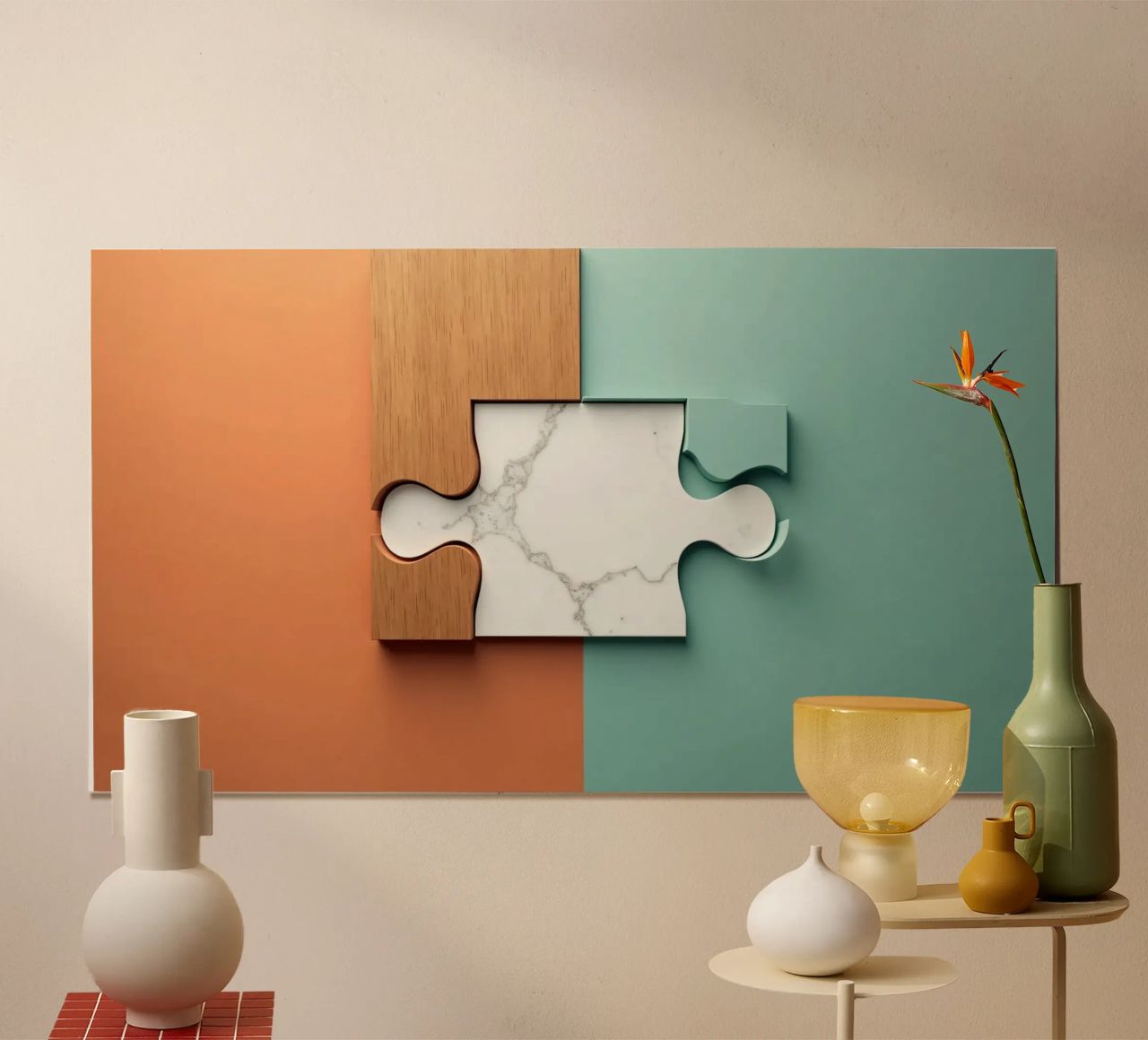 Puzzleteil mit Holz- und Marmortexturen auf kontrastierenden Poster von DesignDoodle
