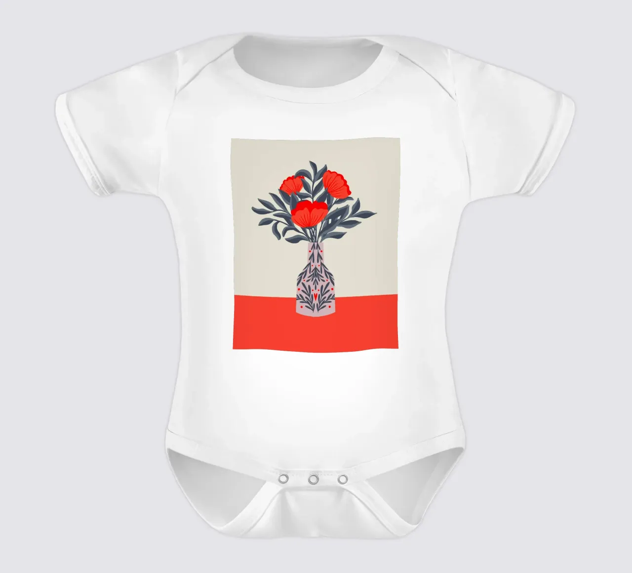 Klaprozen in een vaas - rood en grijs babyrompertje korte mouwen van Wackapacka