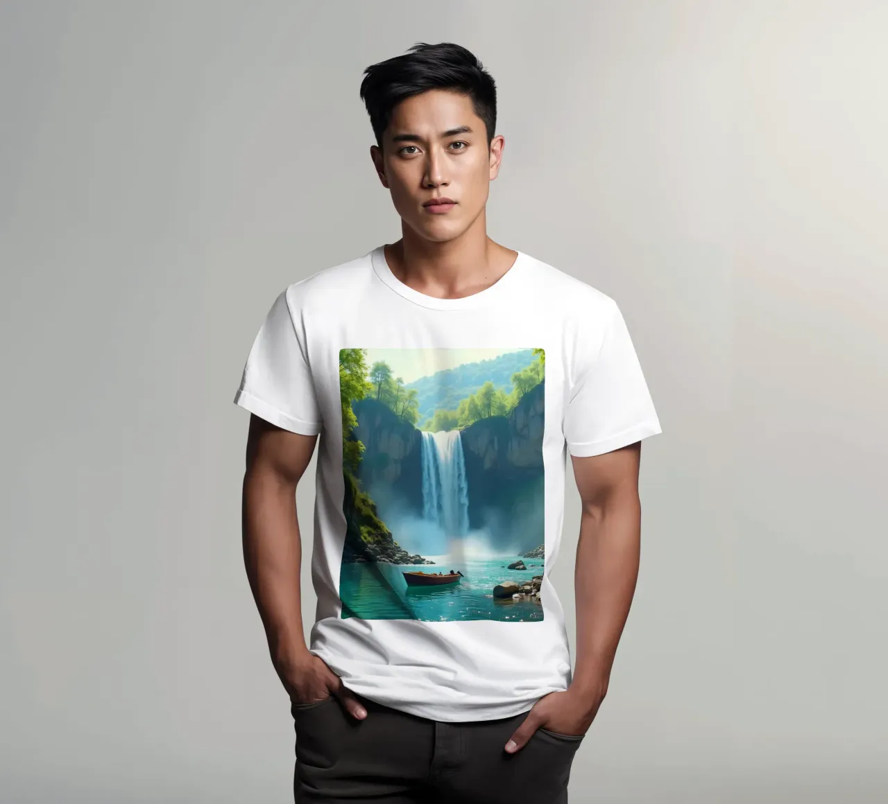 Boating near a breathtaking waterfall surrounded by lush gre t-shirt by DesignDoodle