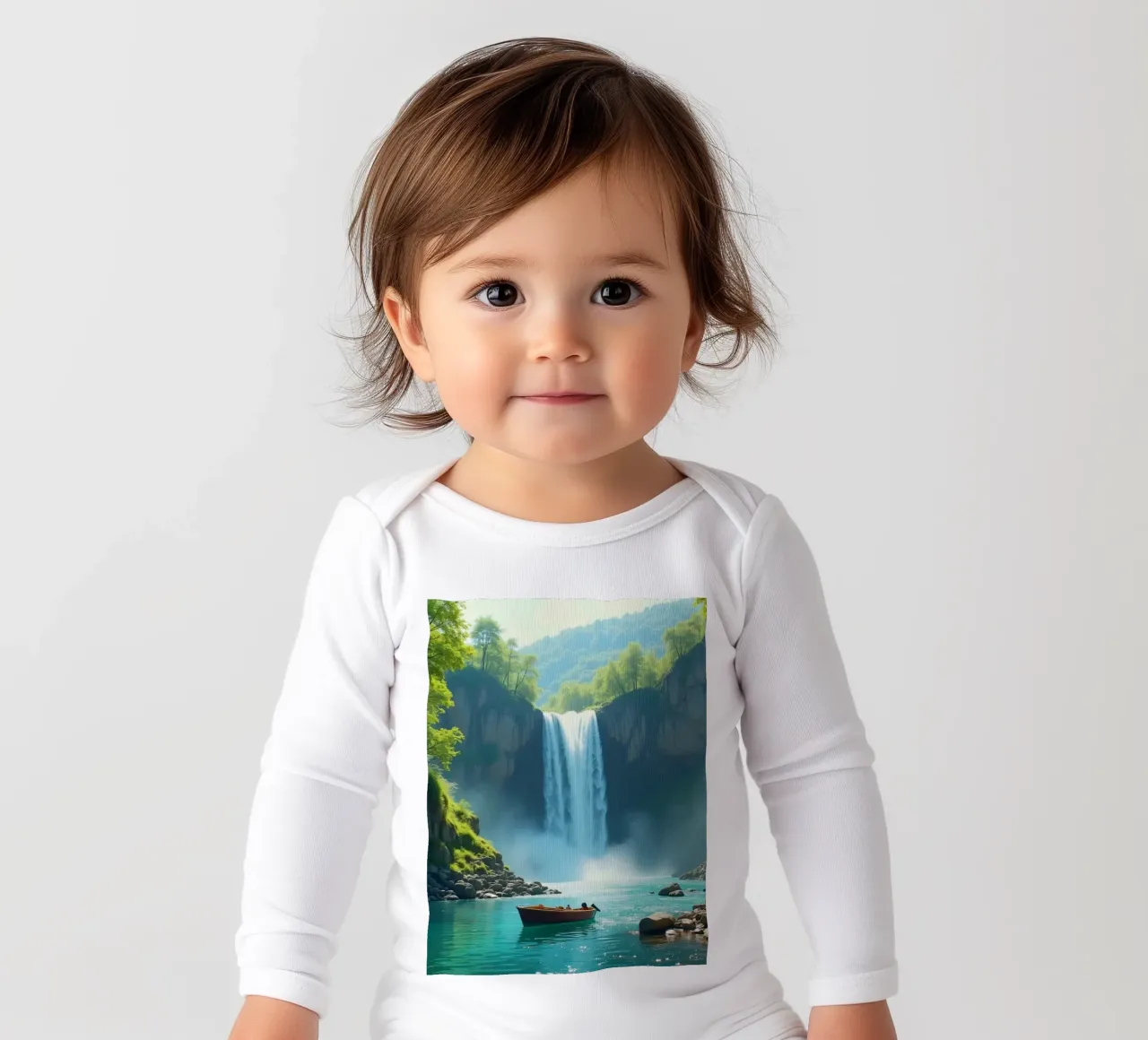 Bootstour in der Nähe eines atemberaubenden Wasserfalls, umgeben von üppigem Grün Langarm Babybody von DesignDoodle