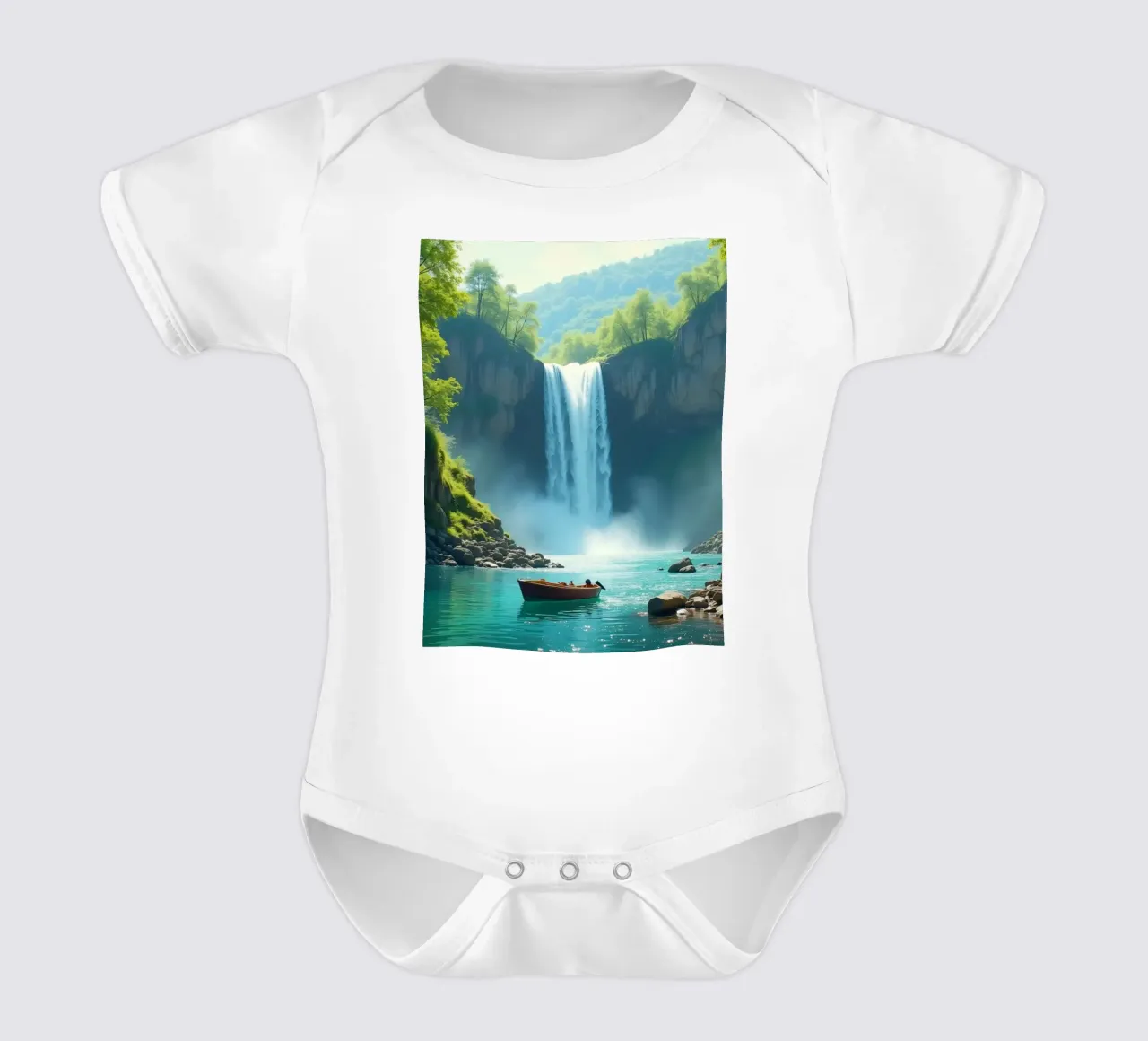 Bootstour in der Nähe eines atemberaubenden Wasserfalls, umgeben von üppigem Grün Kurzarm Babybody von DesignDoodle