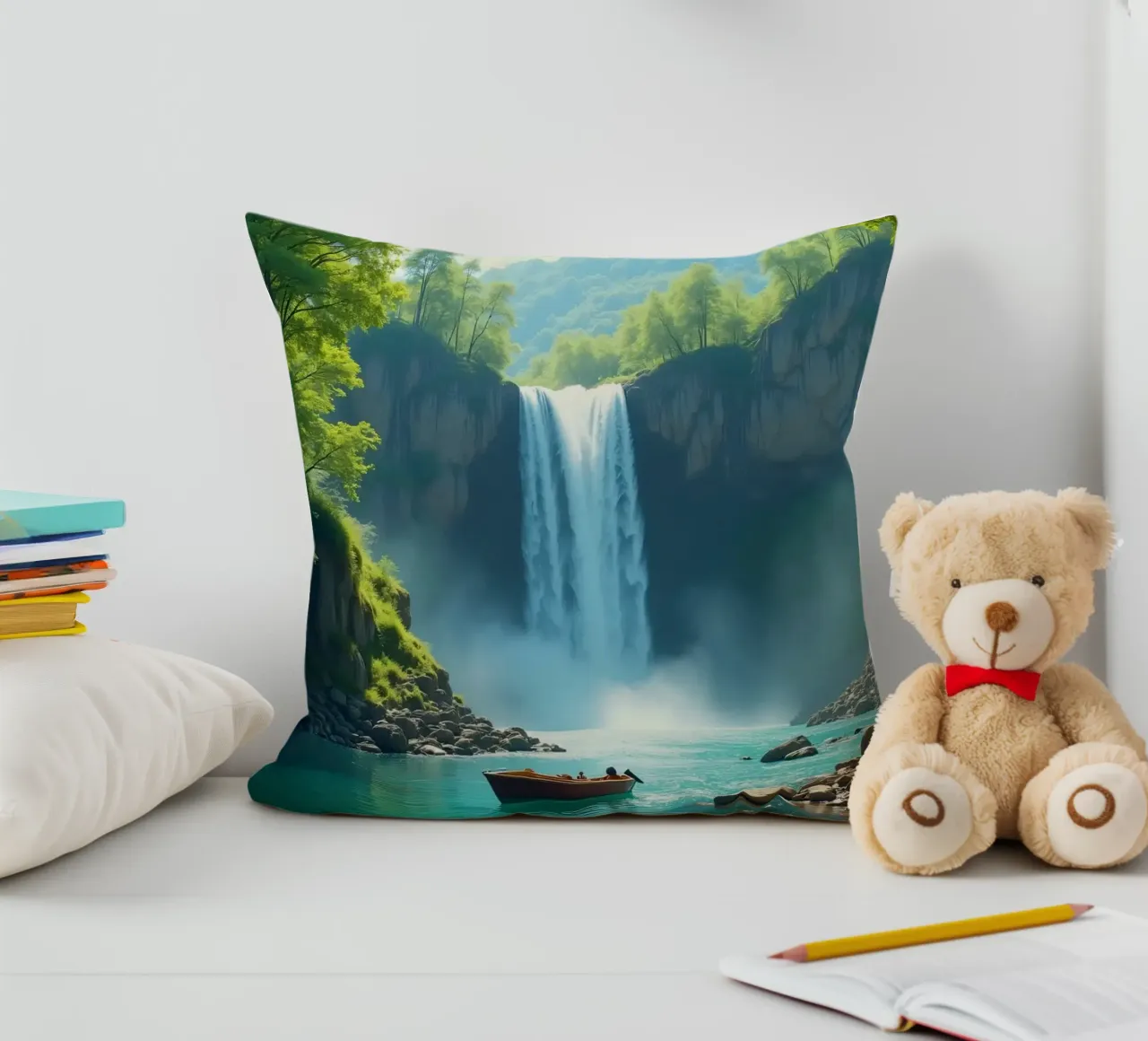 Bootstour in der Nähe eines atemberaubenden Wasserfalls, umgeben von üppigem Grün Kissen von DesignDoodle