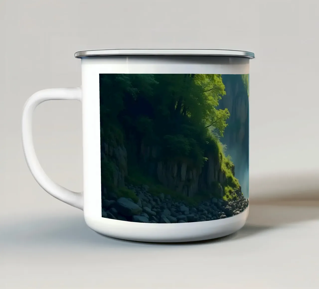 Gita in barca vicino a una cascata mozzafiato, circondata da una vegetazione lussureggiante. tazza in smalto da DesignDoodle