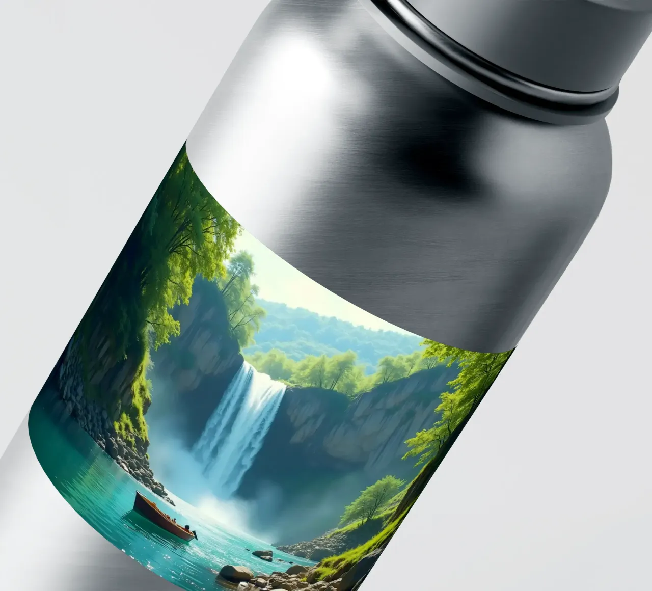 Navigation près d'une chute d'eau à couper le souffle entourée de verdure luxuriante autocollant de DesignDoodle