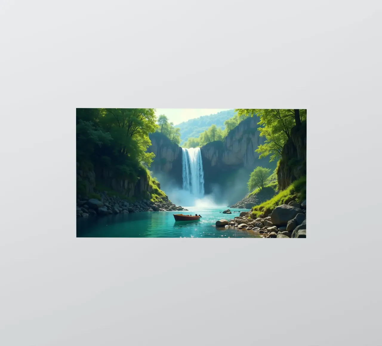 Navigation près d'une chute d'eau à couper le souffle entourée de verdure luxuriante autocollant de DesignDoodle