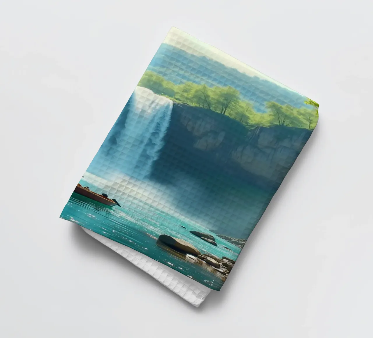 Navigation près d'une chute d'eau à couper le souffle entourée de verdure luxuriante torchon de DesignDoodle