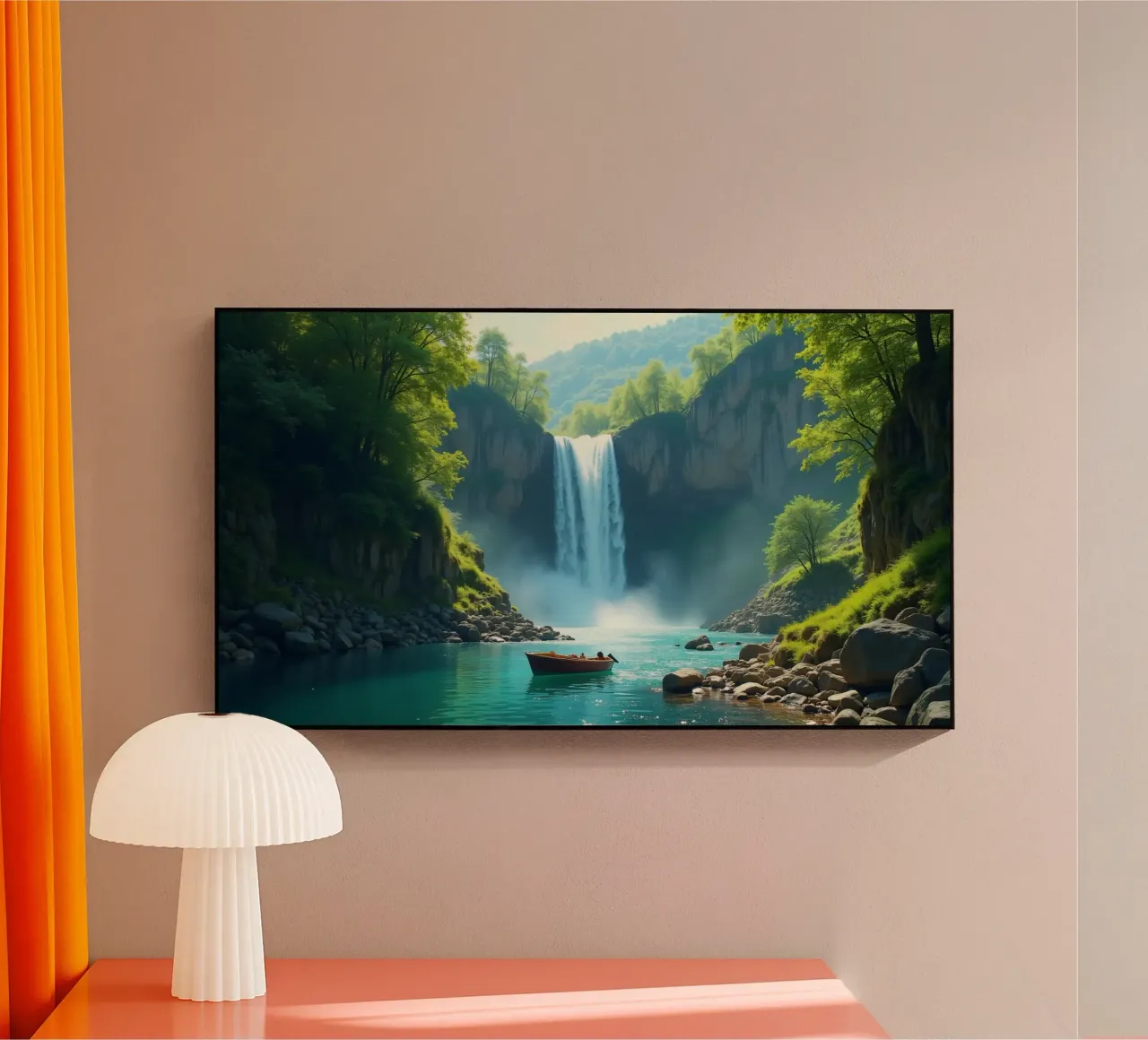 Bootstour in der Nähe eines atemberaubenden Wasserfalls, umgeben von üppigem Grün Acryl-Glas von DesignDoodle