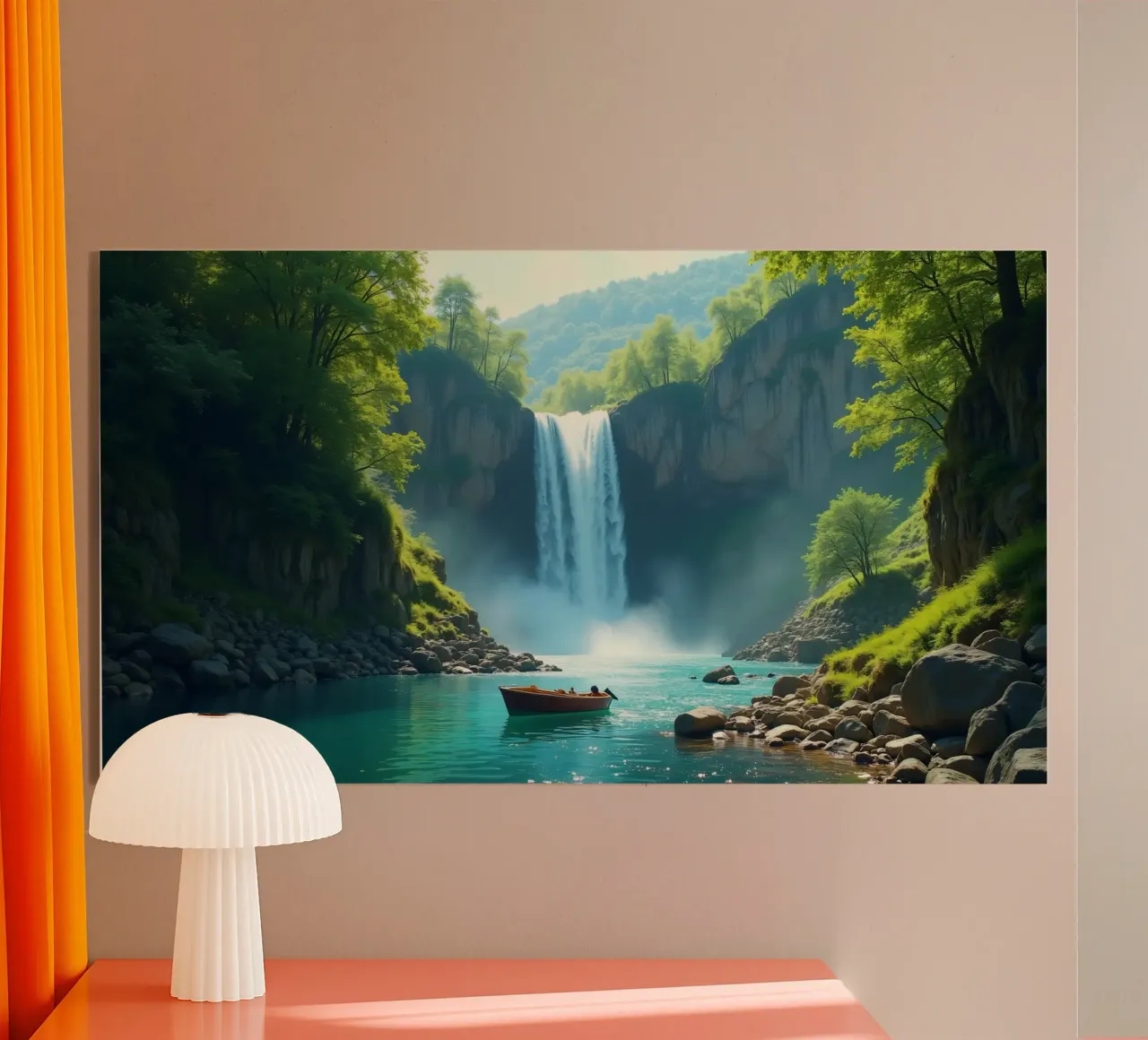 Bootstour in der Nähe eines atemberaubenden Wasserfalls, umgeben von üppigem Grün Acryl-Glas von DesignDoodle