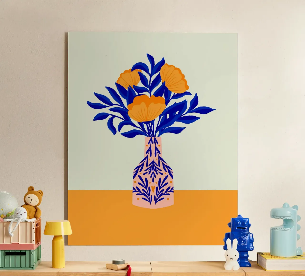 Coquelicots dans un vase - jaune et bleu plexiglas de Wackapacka