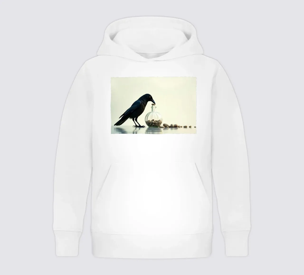 Black crow retrieves pebbles from a glass jar kids hoodie by DesignDoodle
