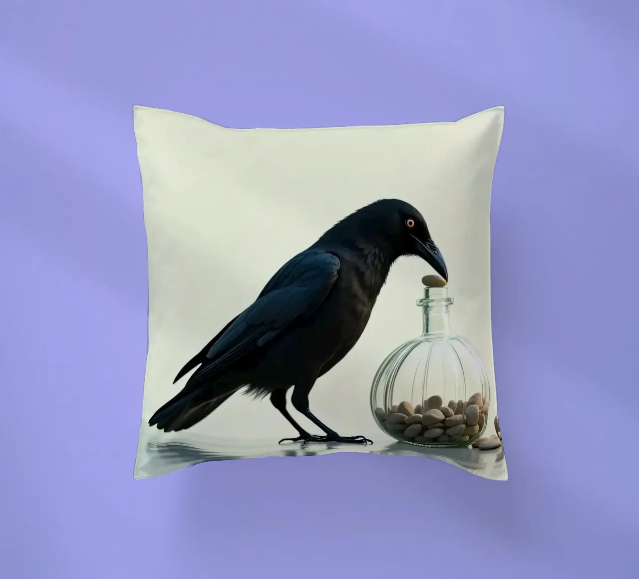Corvo nero recupera dei sassolini da un vaso di vetro cuscino da DesignDoodle