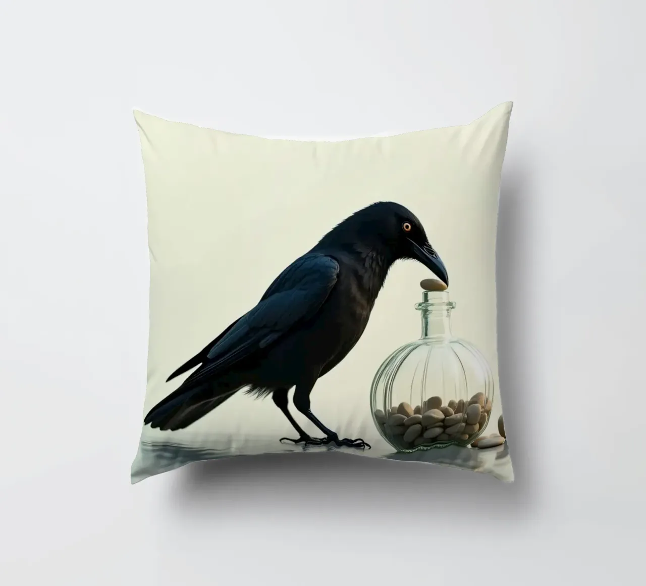 Corvo nero recupera dei sassolini da un vaso di vetro cuscino da DesignDoodle