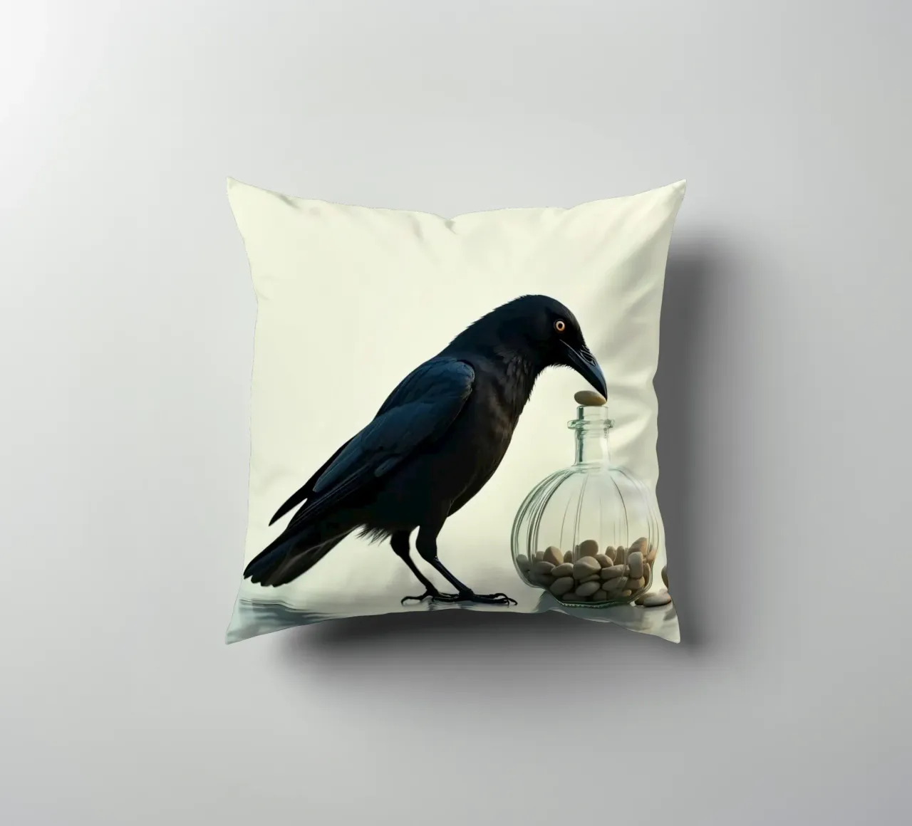 Corvo nero recupera dei sassolini da un vaso di vetro cuscino da DesignDoodle