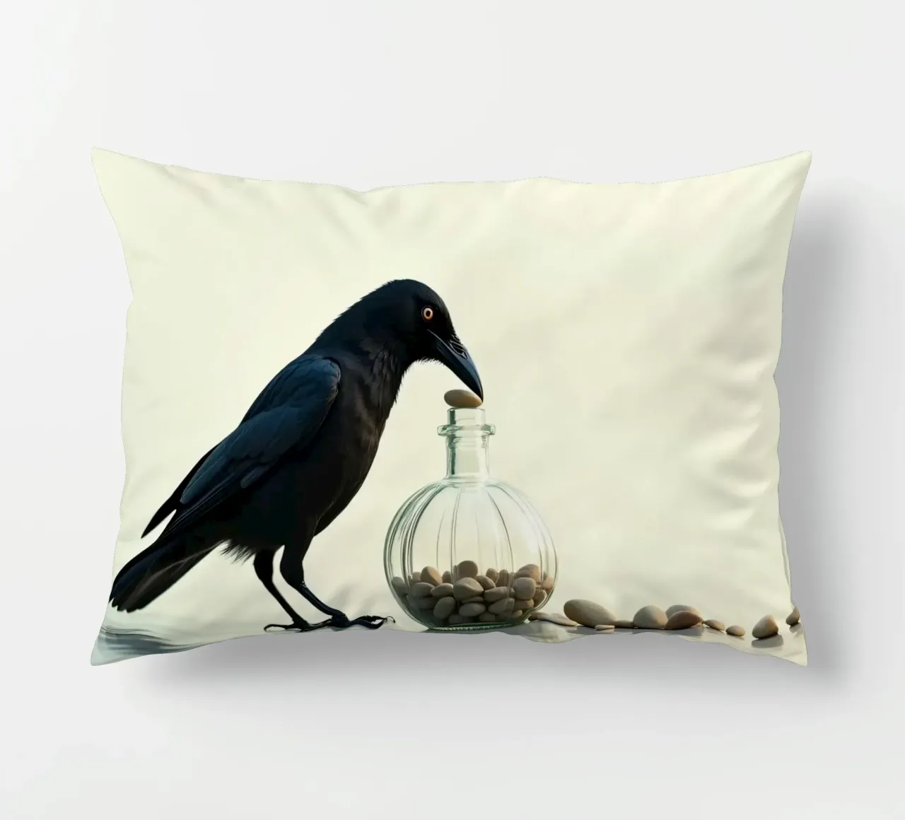 Corvo nero recupera dei sassolini da un vaso di vetro cuscino da DesignDoodle