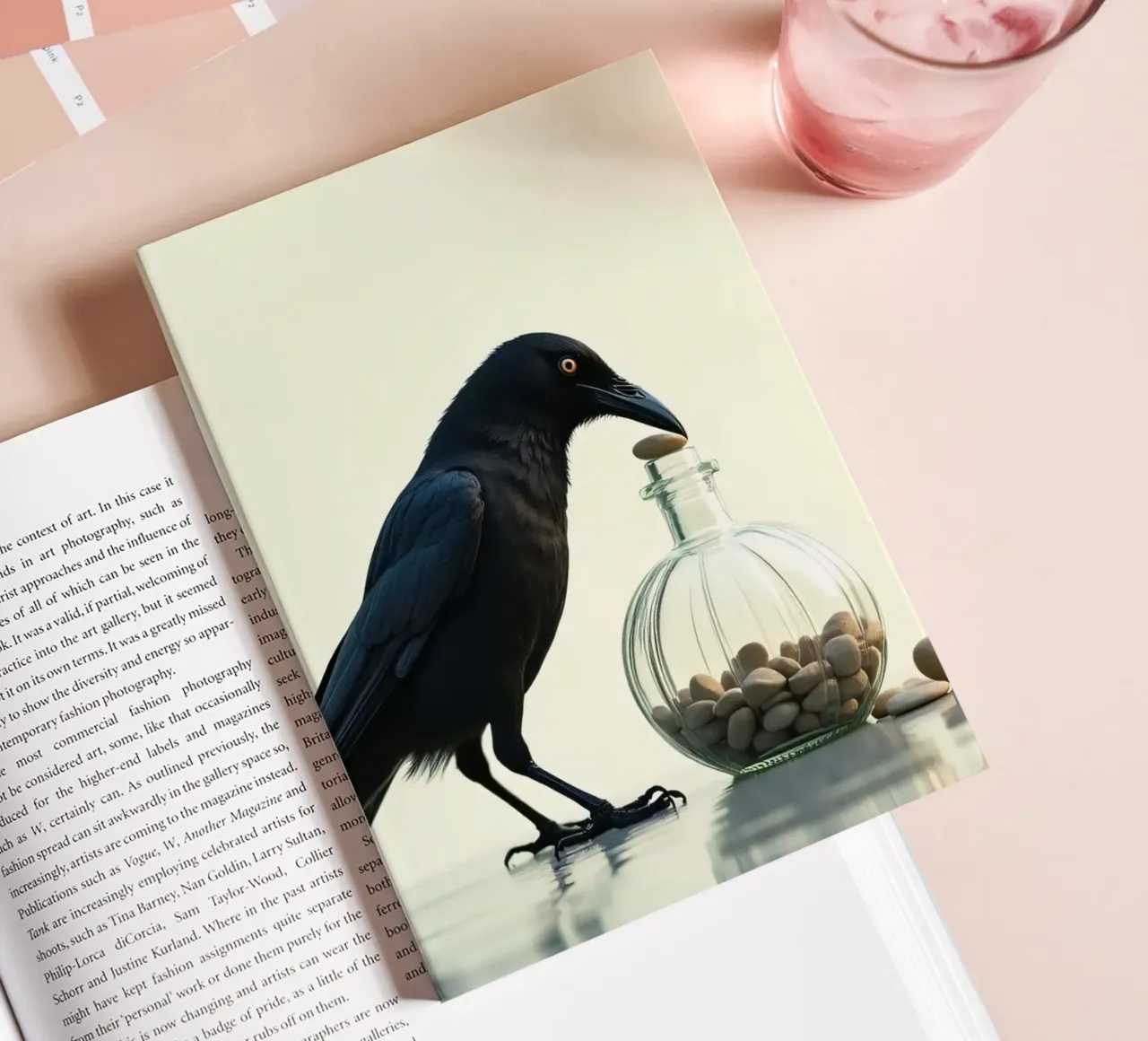 Corvo nero recupera dei sassolini da un vaso di vetro diario da DesignDoodle