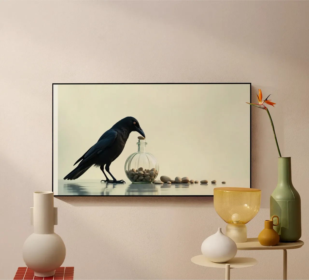 Corvo nero recupera dei sassolini da un vaso di vetro plexiglass da DesignDoodle