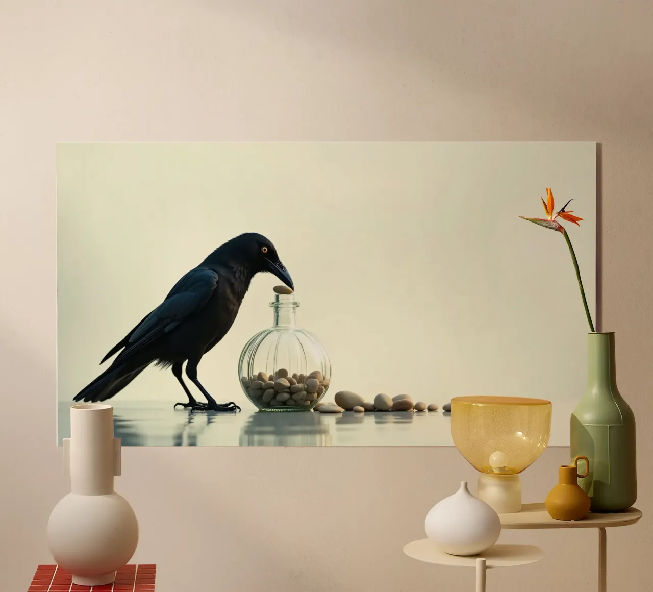 Corvo nero recupera dei sassolini da un vaso di vetro plexiglass da DesignDoodle