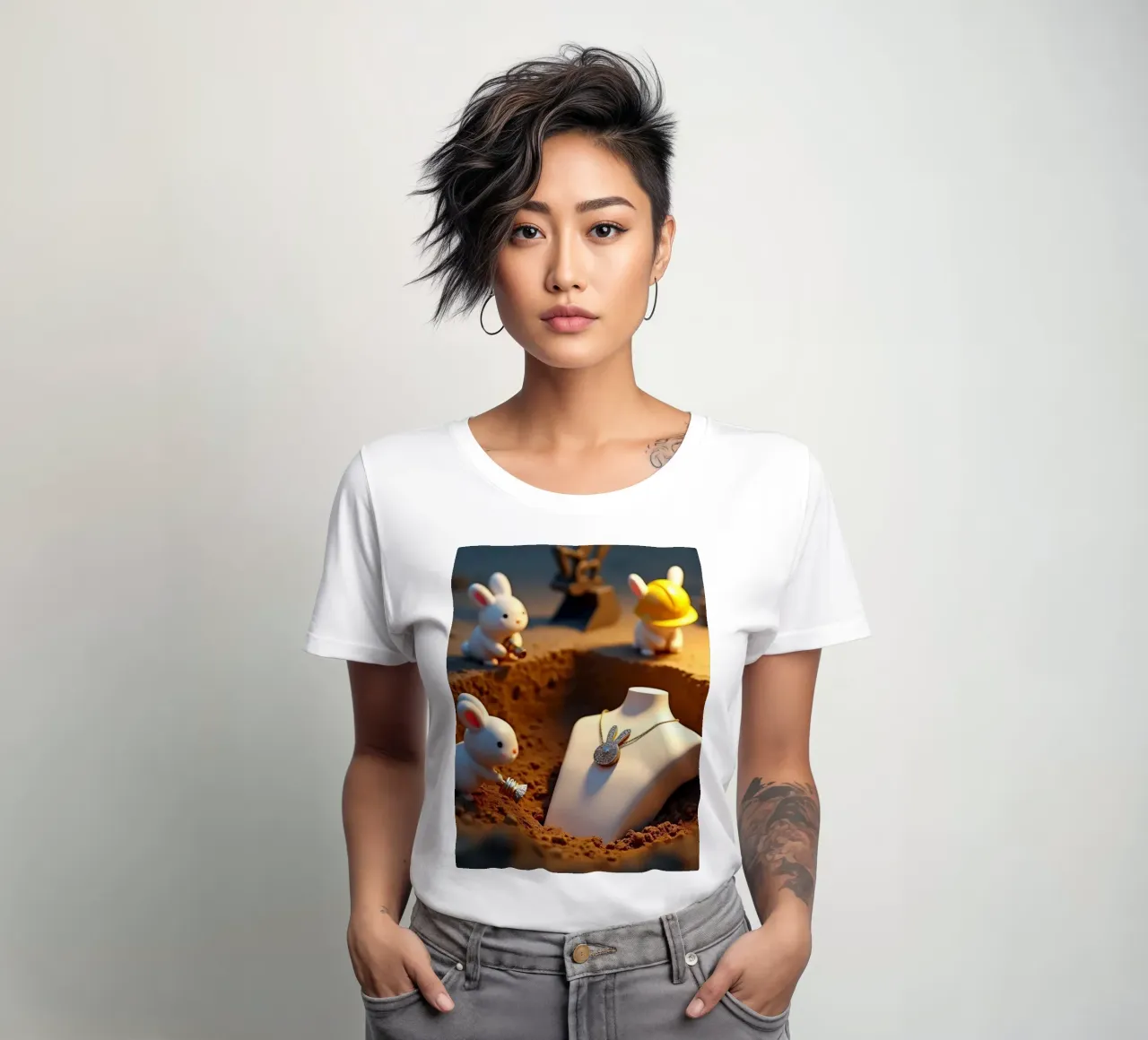 Conejitos creativos cavan joyas en una obra lúdica camiseta de mujer de DesignDoodle