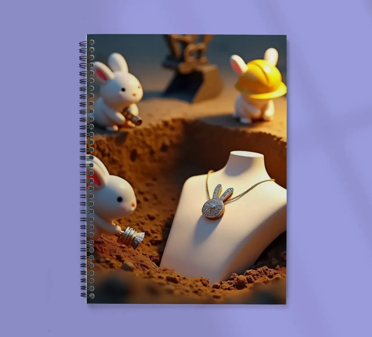 Creative bunnies dig jewelry in playful construction site spiral notebook by DesignDoodle
