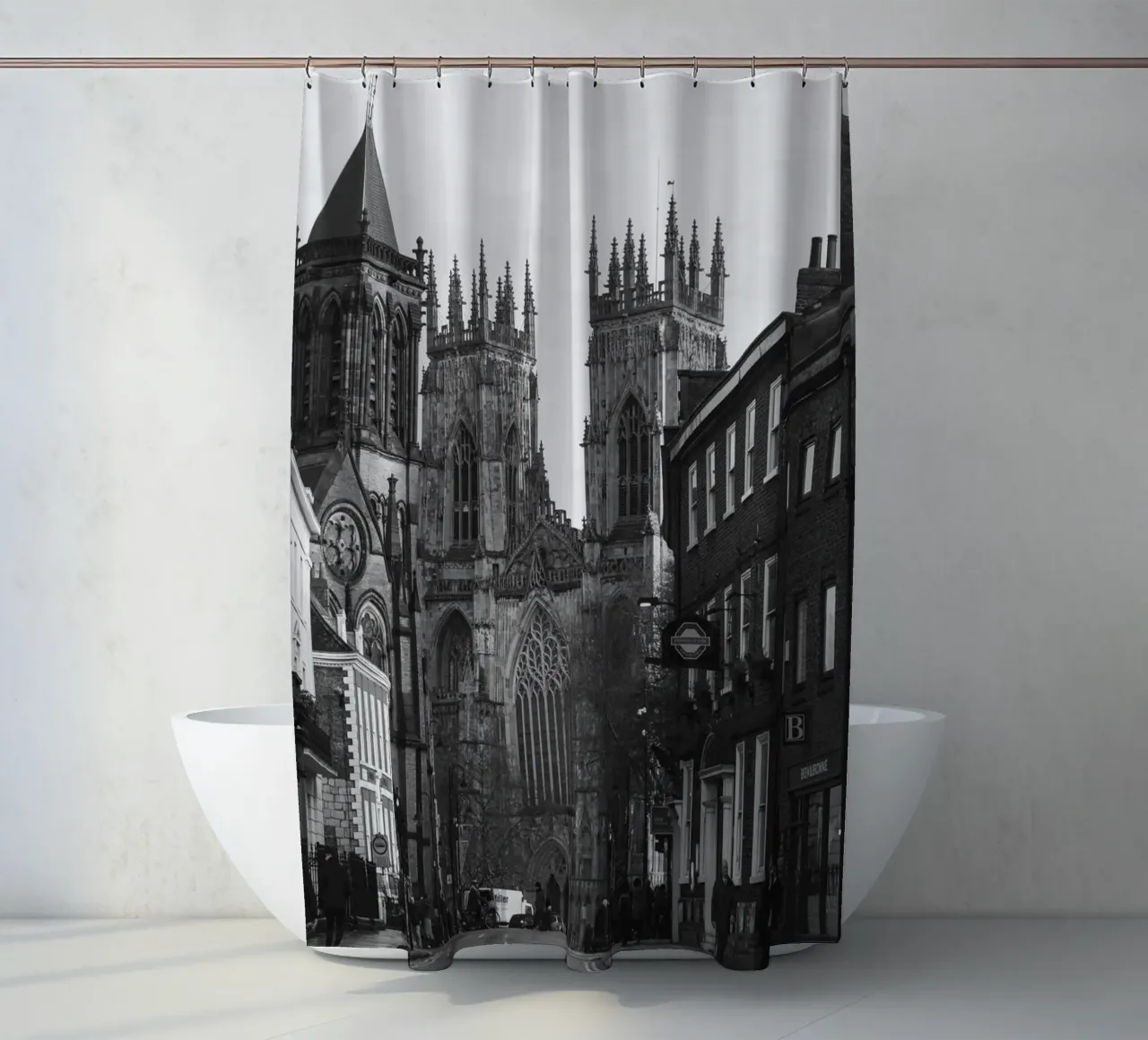 York Minster Inglaterra Arquitectura Escena Escala de grises cortina de baño de Charnwood Prints