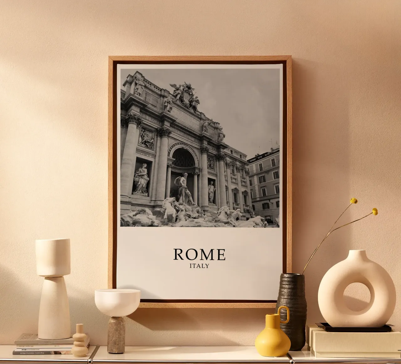 Rome Italy Trevi Fountain Art Architecture Scene Greyscale canvas with Floater frame by Charnwood Prints