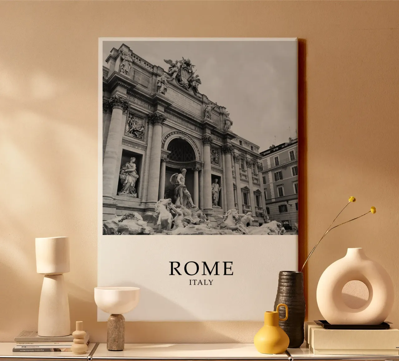 Rome Italy Trevi Fountain Art Architecture Scene Greyscale canvas with Floater frame by Charnwood Prints