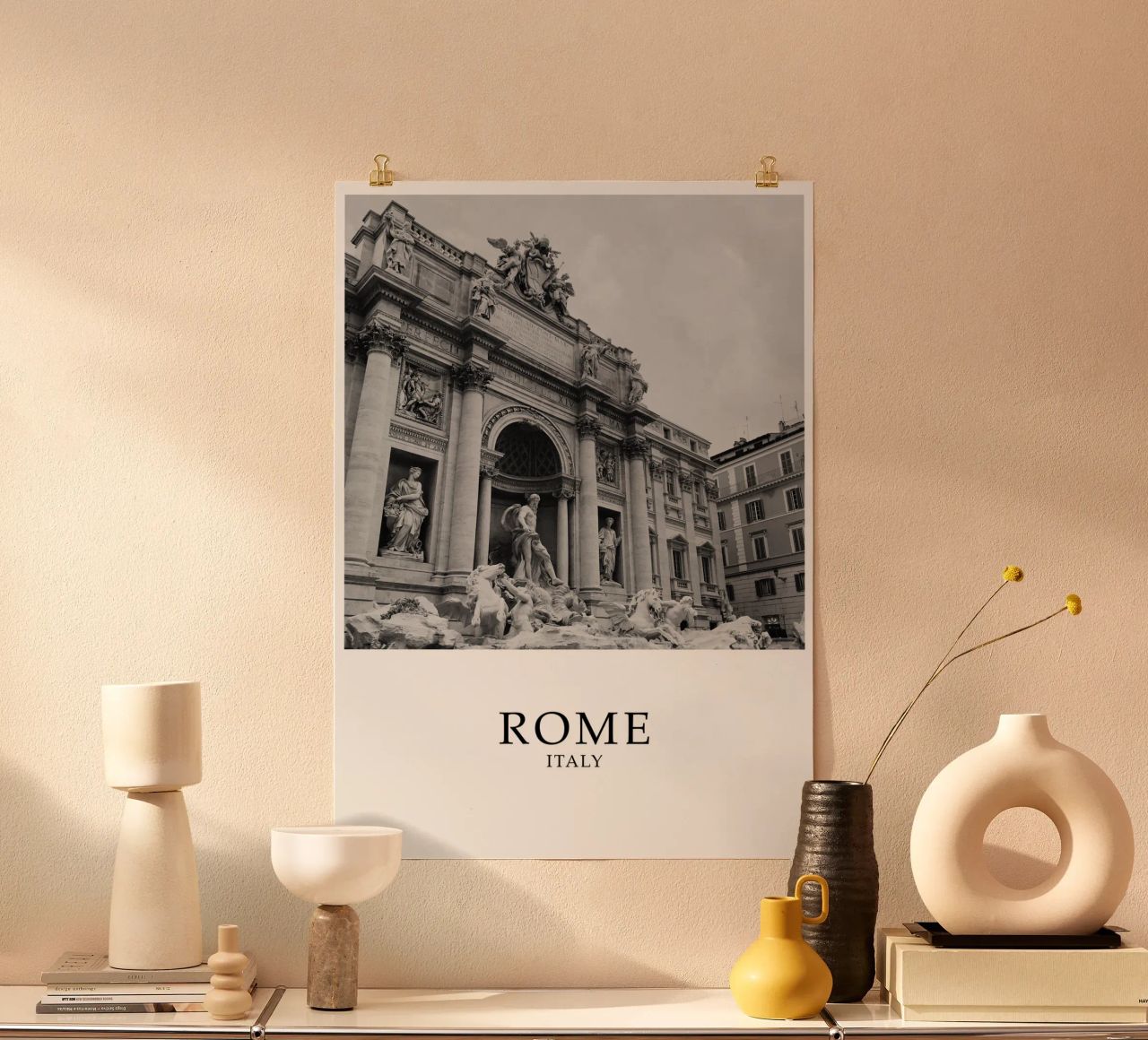 Rome Italie Fontaine de Trevi Art Architecture Scène échelle de gris poster de Charnwood Prints
