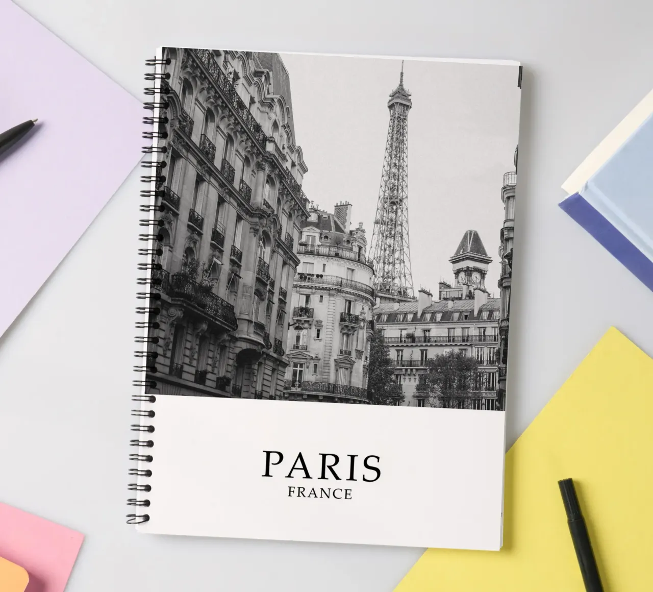 Paris France Eiffel Tower Cityscape Street Scene Greyscale spiral notebook by Charnwood Prints