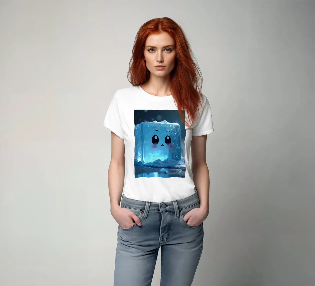 Cute ice cube character surrounded by melting snow and water t-shirt by DesignDoodle