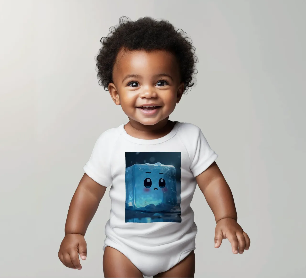 Cute ice cube character surrounded by melting snow and water short-sleeve baby romper by DesignDoodle