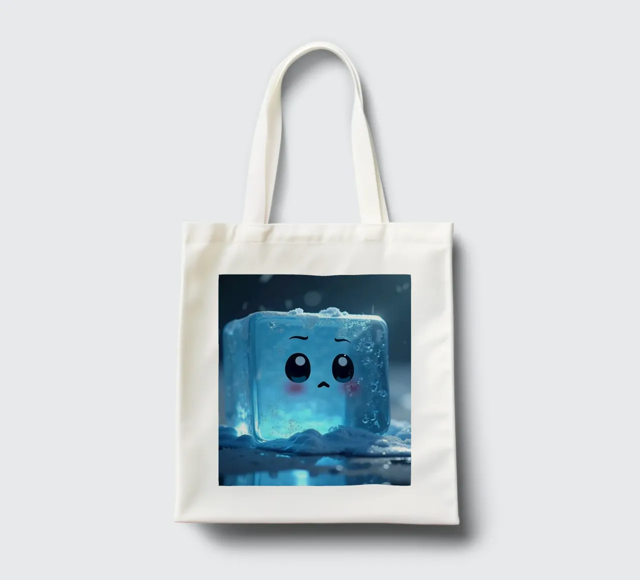 Cute ice cube character surrounded by melting snow and water tote bag by DesignDoodle