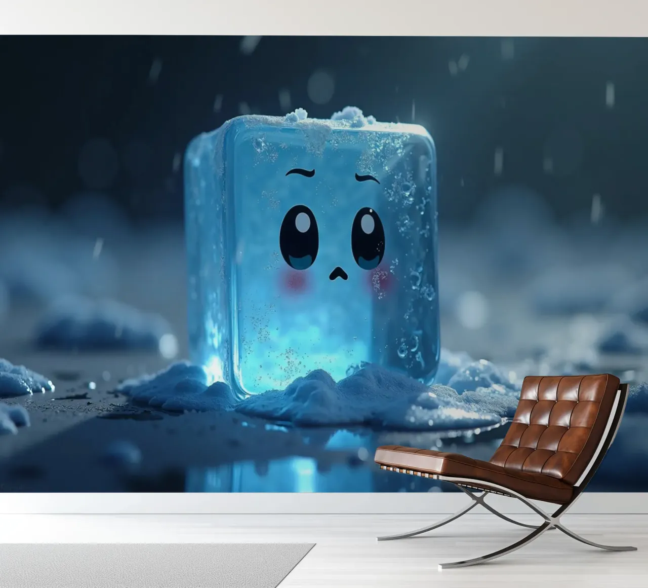 Cute ice cube character surrounded by melting snow and water photo wallpaper by DesignDoodle
