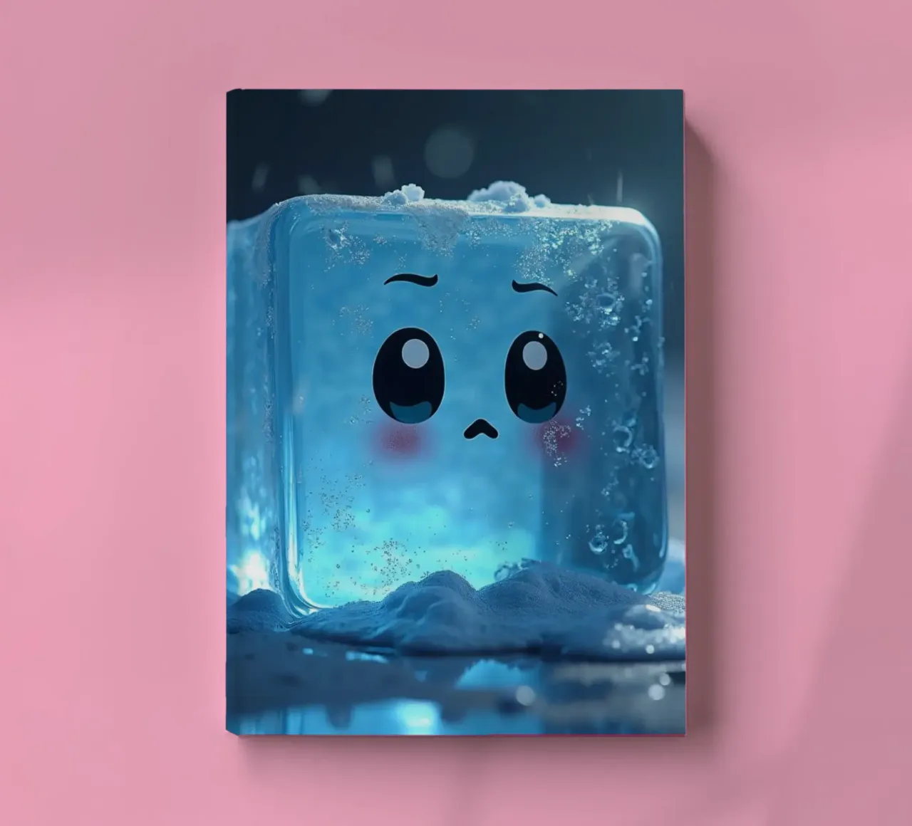 Cute ice cube character surrounded by melting snow and water notebook by DesignDoodle