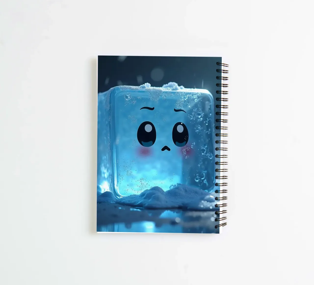Cute ice cube character surrounded by melting snow and water spiral notebook by DesignDoodle