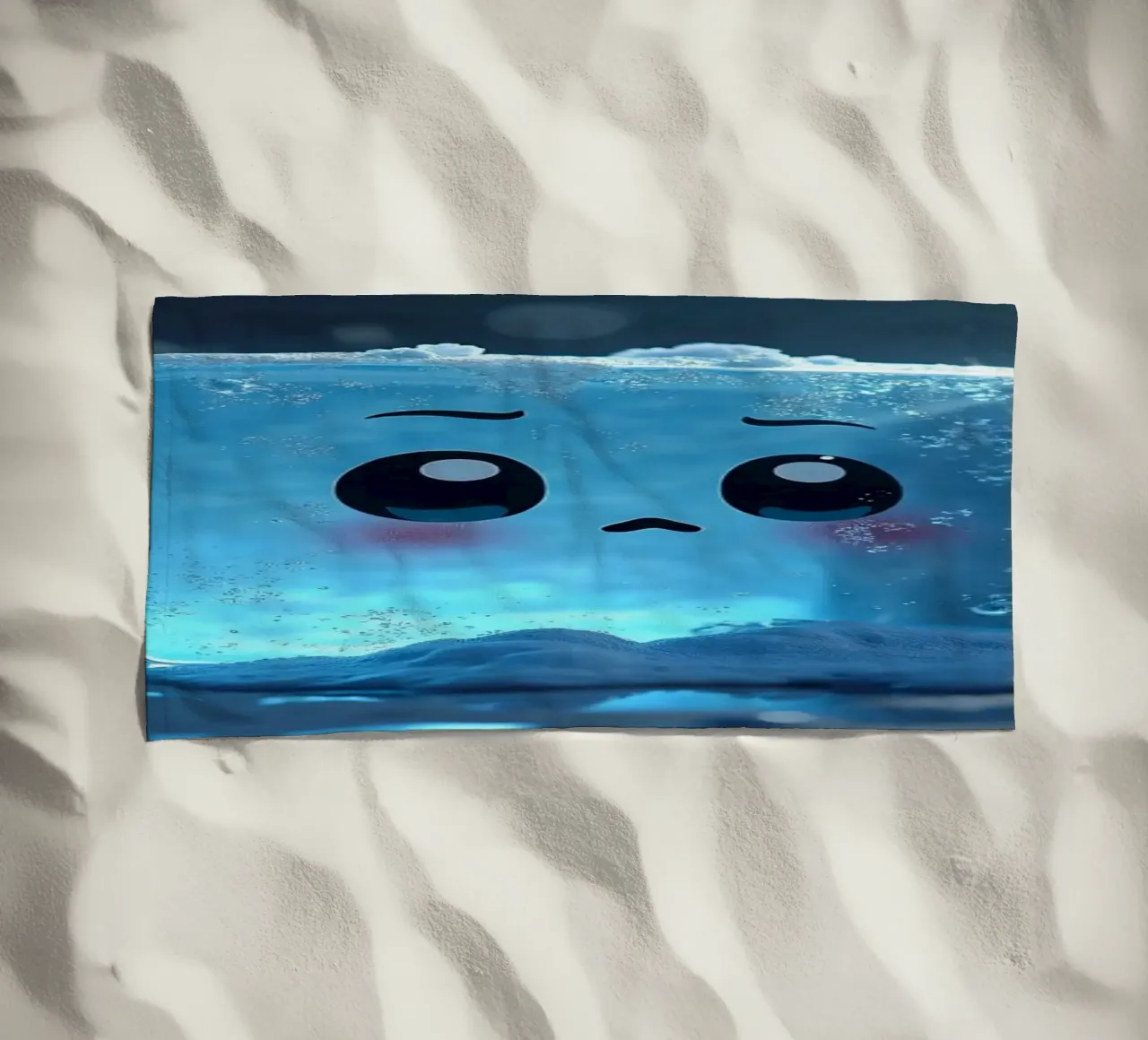 Cute ice cube character surrounded by melting snow and water beach towel by DesignDoodle