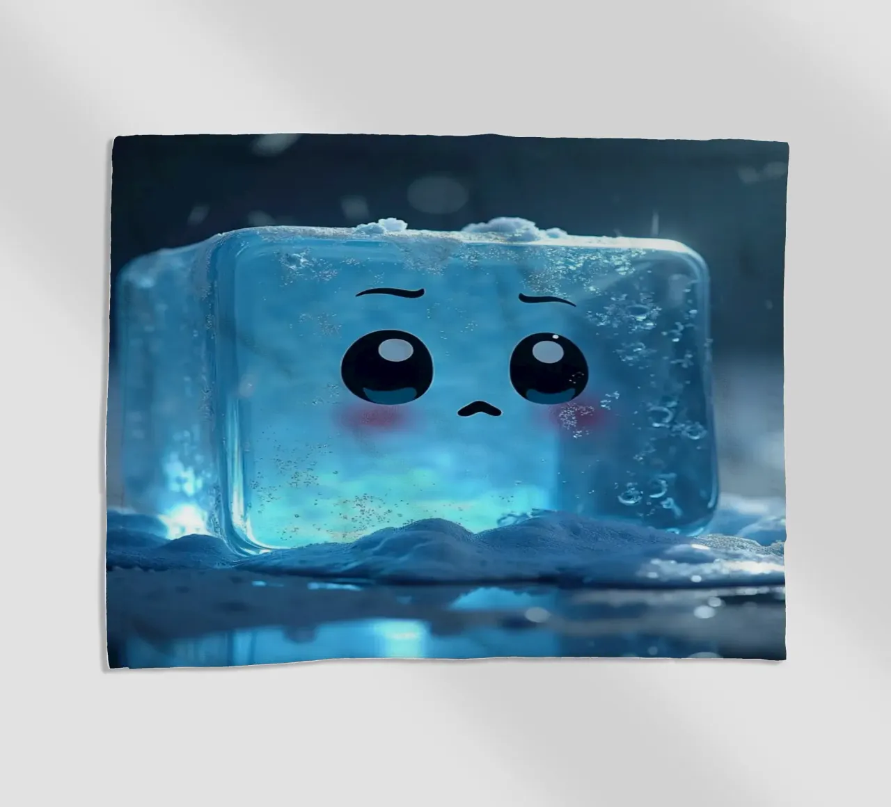 Cute ice cube character surrounded by melting snow and water beach towel by DesignDoodle