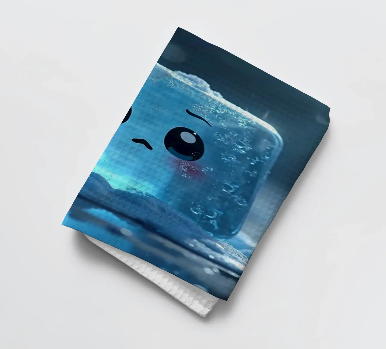 Cute ice cube character surrounded by melting snow and water tea towel by DesignDoodle