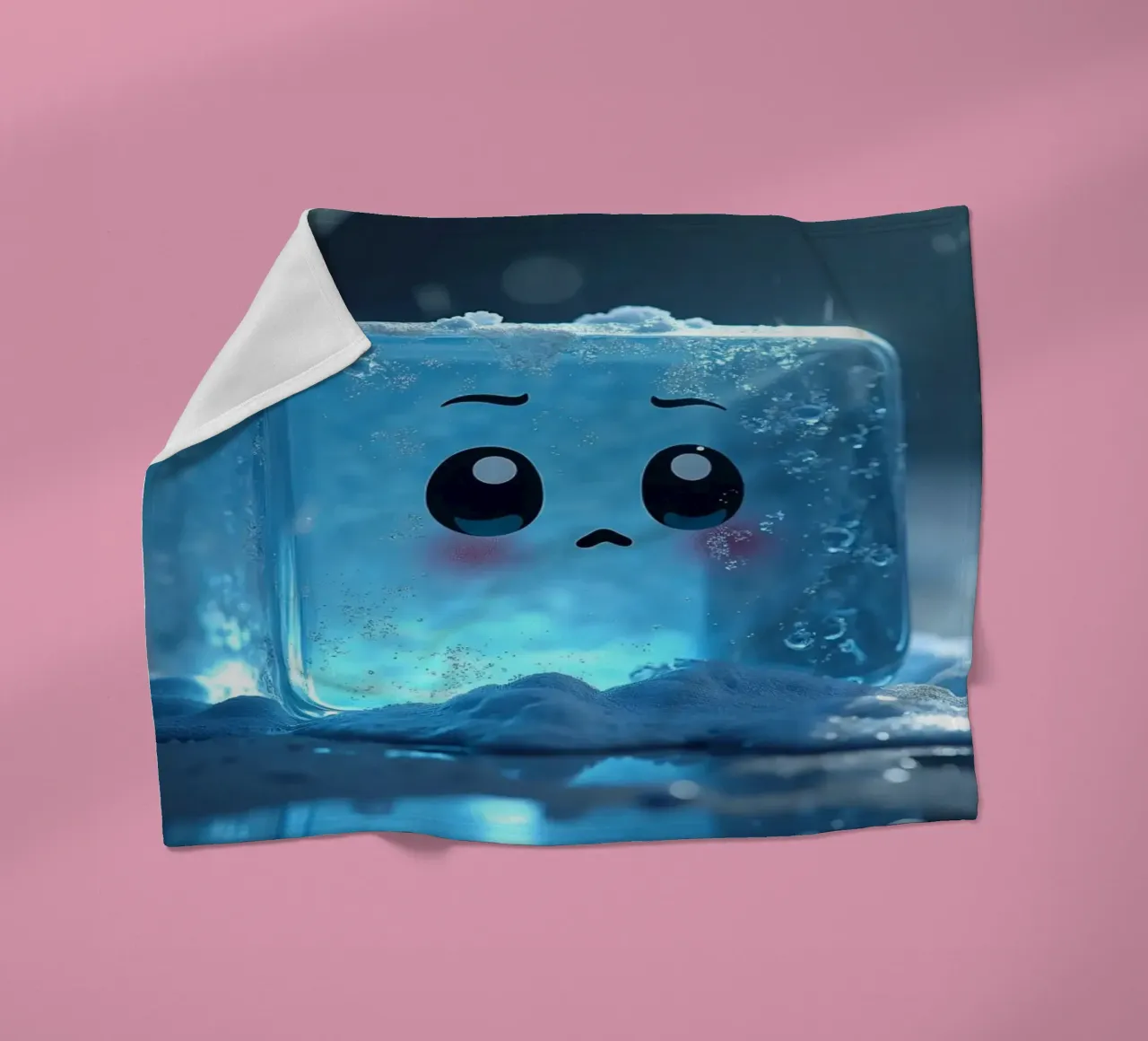 Cute ice cube character surrounded by melting snow and water fleece blanket by DesignDoodle