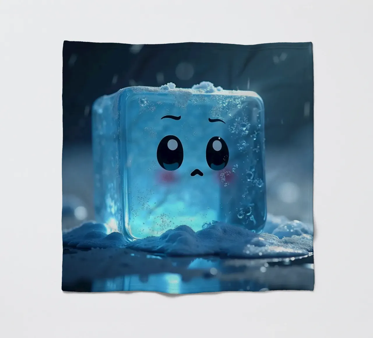 Cute ice cube character surrounded by melting snow and water fleece blanket by DesignDoodle
