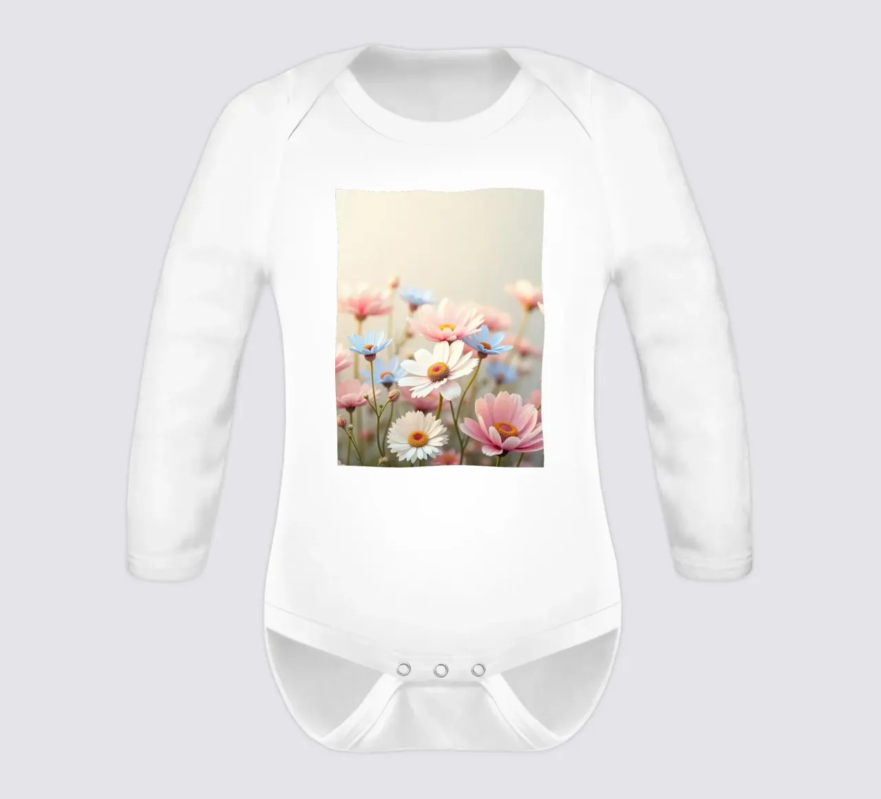 Colorful flowers bloom in soft sunlight long-sleeve baby romper by DesignDoodle