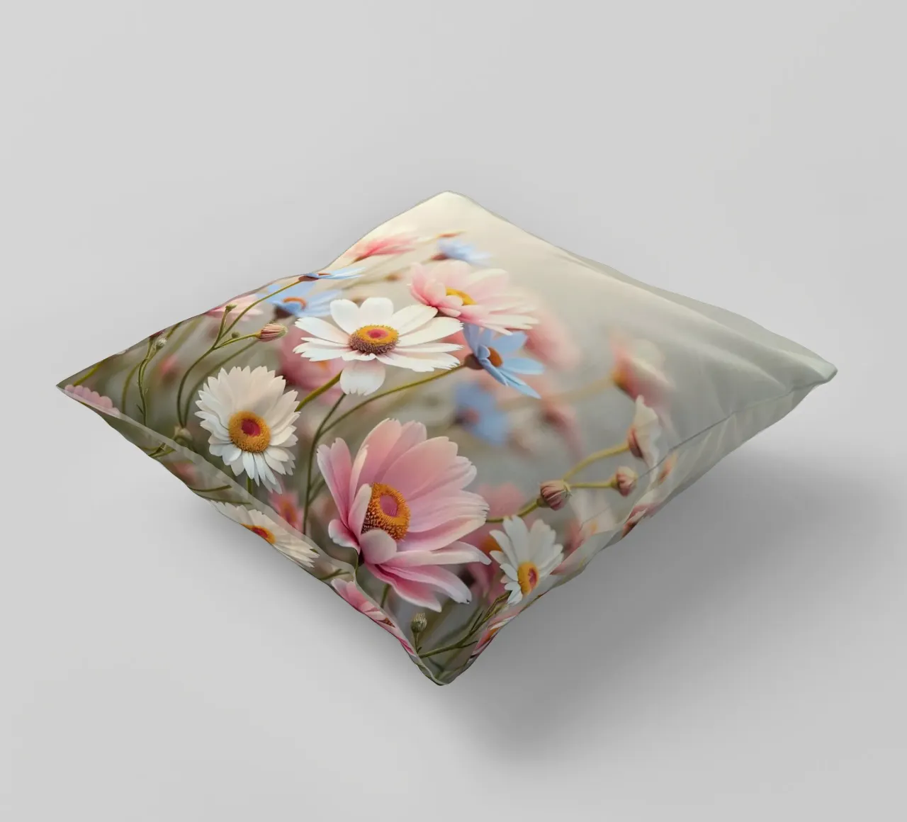 Des fleurs colorées s'épanouissent dans la lumière douce du soleil coussin de DesignDoodle