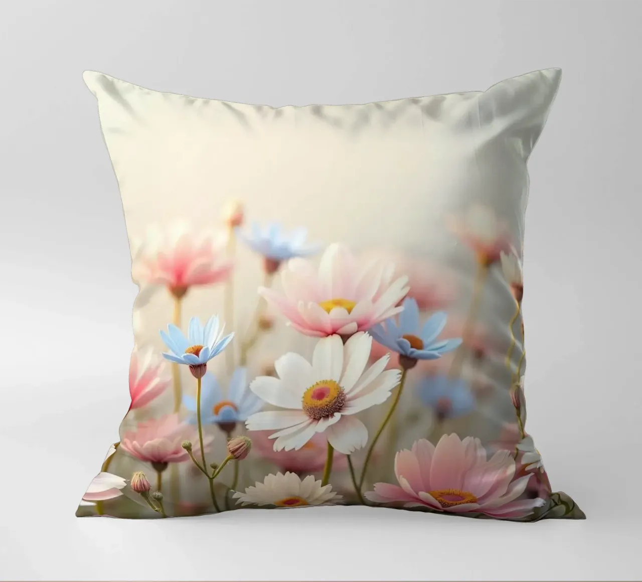 Des fleurs colorées s'épanouissent dans la lumière douce du soleil coussin de DesignDoodle