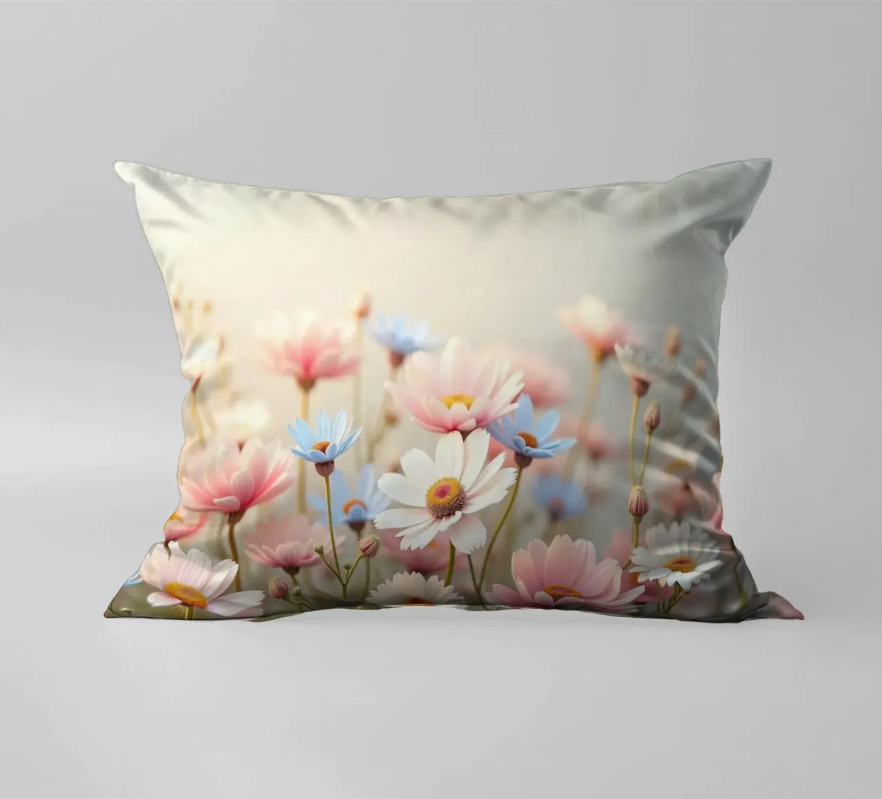 Des fleurs colorées s'épanouissent dans la lumière douce du soleil coussin de DesignDoodle