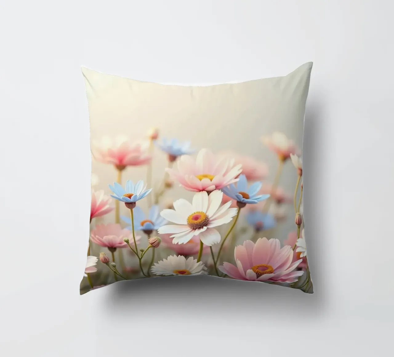Des fleurs colorées s'épanouissent dans la lumière douce du soleil coussin de DesignDoodle