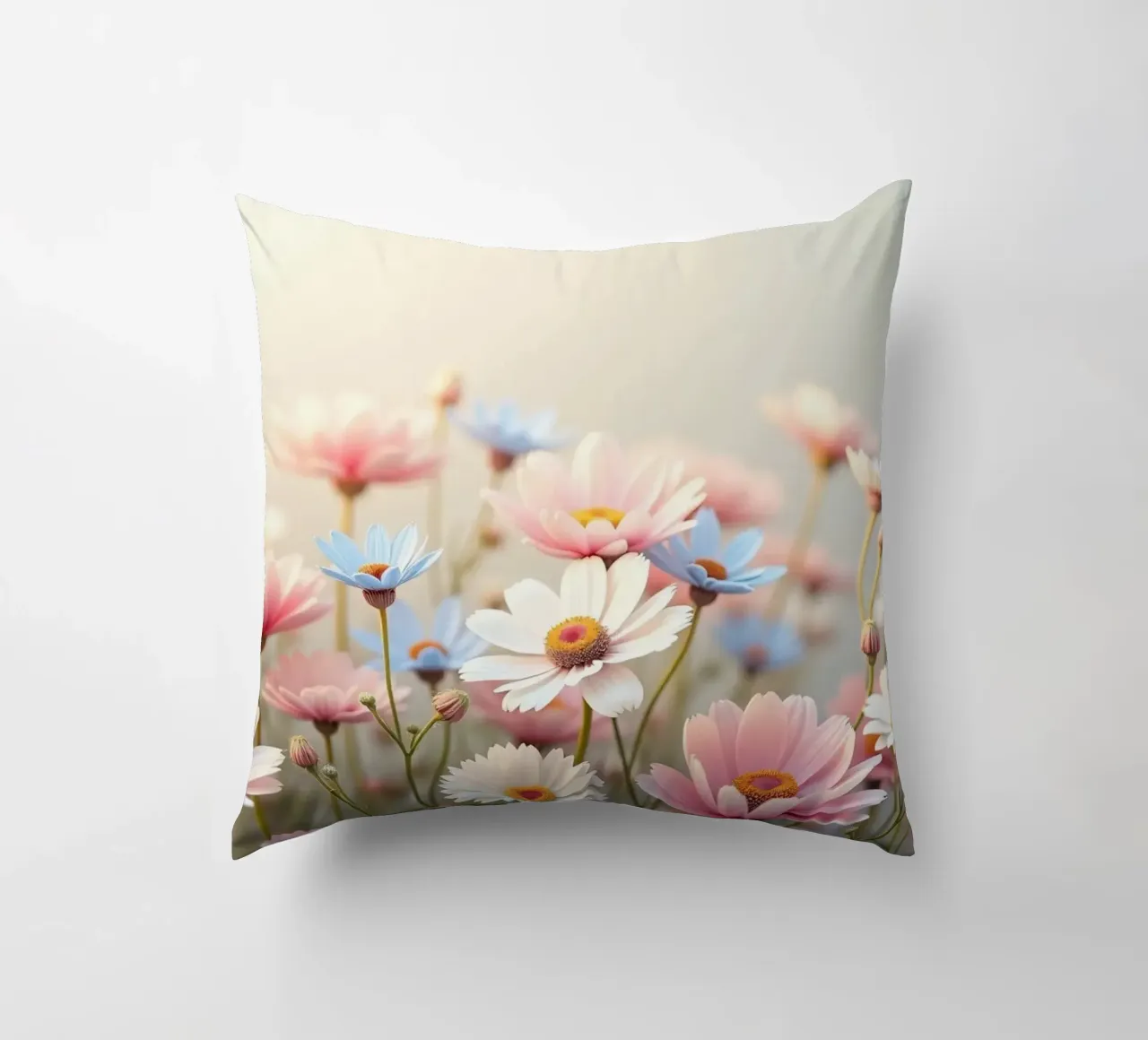 Des fleurs colorées s'épanouissent dans la lumière douce du soleil coussin de DesignDoodle