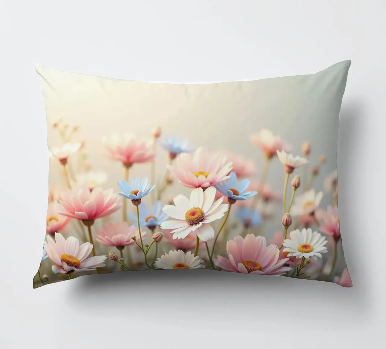 Des fleurs colorées s'épanouissent dans la lumière douce du soleil coussin de DesignDoodle